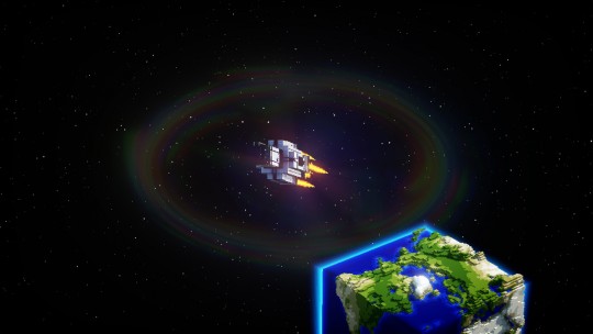 Bildschirmfoto eines Raumschiffes das sich von der Erde entfernt